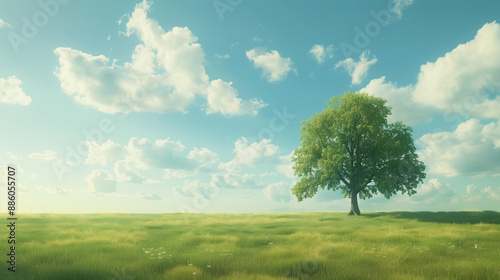 Solitary Tree in Lush Green Field under Blue Sky