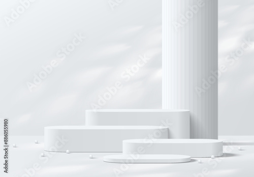Realistic white 3D round podium background with leaf shadow, Huge pillar scene. Minimalist 3D mockup pedestal, Abstract product display presentation, Stage showcase. Platforms vector geometric design.