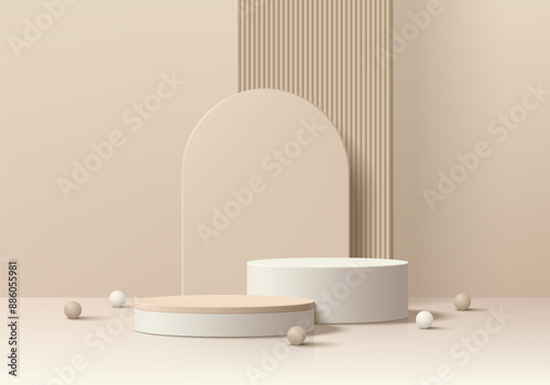 Realistic 3D beige cylindrical podium background with ball, Arch backdrop scene. Minimalist 3D mockup pedestal, Abstract product display presentation, Stage showcase. Platforms vector geometric design