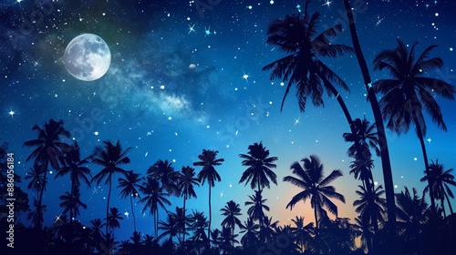 A modern tropical scene with silhouetted palm trees against a vivid, star-filled night sky with a glowing moon