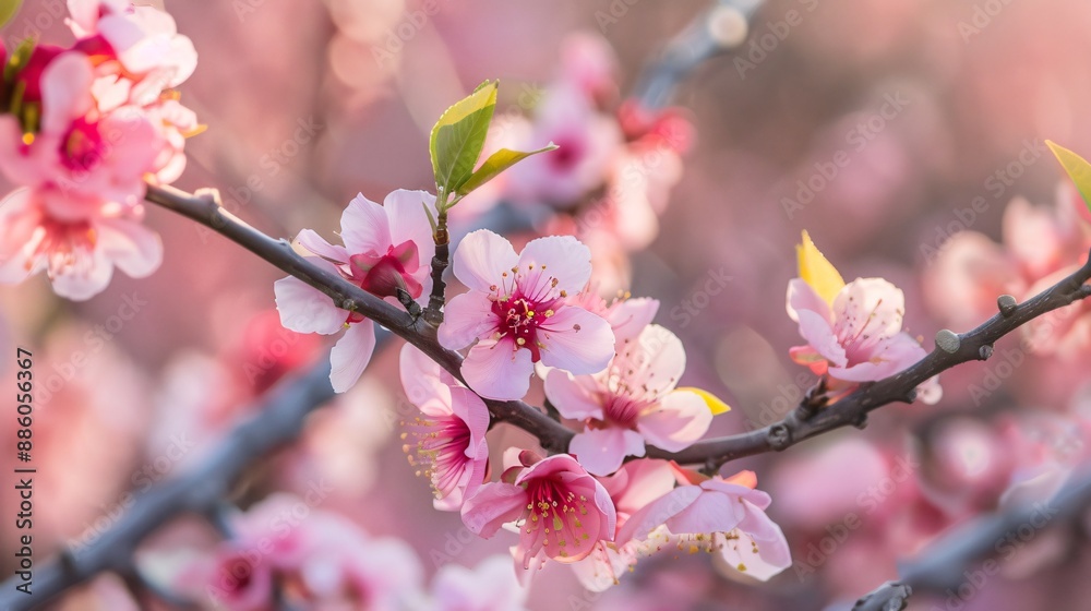 A peach blossom tree in full bloom with a close-up of the fuzzy, developing fruits A peach blossom tree in full bloom with a close-up of the fuzzy, developing fruits