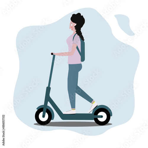 Young girl, woman on a scooter. On a blue and white background. Concept - scooter rental, electric scooter, environmentally friendly transport, eco transport. Flat isolated vector on white.