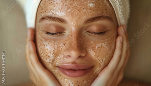 Close-up of woman exfoliating her face, spa healthy skin, gentle skin exfoliation