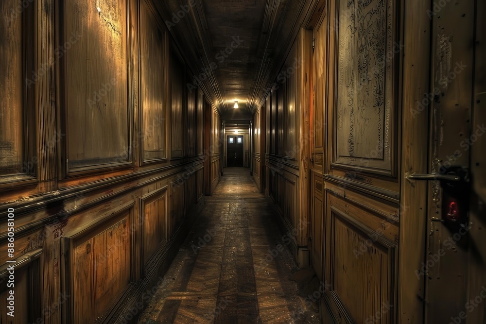Mysterious wooden hallway with dim lighting and a slightly open door at the end Mysterious wooden hallway with dim lighting and a slightly open door at the end