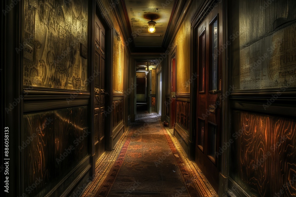 Creepy dimly lit hotel hallway with red carpet and grunge walls Creepy dimly lit hotel hallway with red carpet and grunge walls
