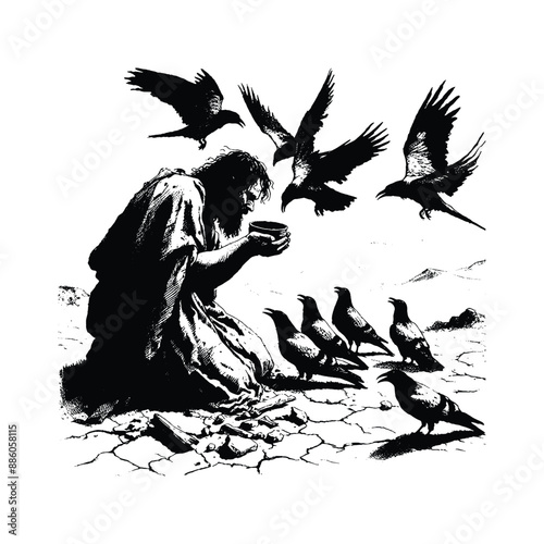 Elijah and the Ravens, Show Elijah being fed by ravens during a drought, in flat illustration