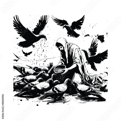 Elijah and the Ravens, Show Elijah being fed by ravens during a drought, in flat illustration