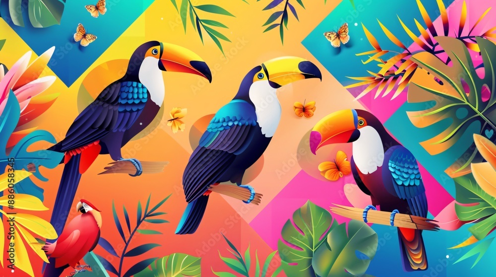 Naklejka premium Exotic tropical birds like toucans and parrots set against a geometric, colorful background