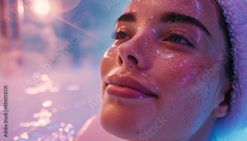 Young woman in a steam room with dewy skin, spa healthy skin, steam therapy