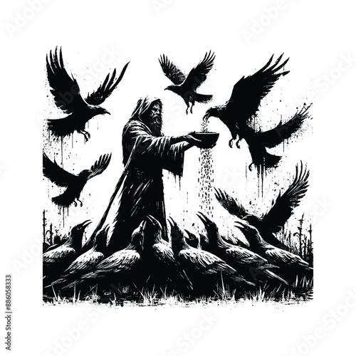 Elijah and the Ravens, Show Elijah being fed by ravens during a drought, in flat illustration