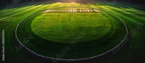 Aerial perspective of an empty cricket field with boundary ropes and pitch markings visible, bathed in natural sunlight. photo