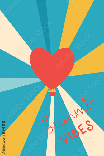 Romantic vertical poster with heart hot air ballon. Perfect template for banner, cover, card, sale. Retro style vector illustration.