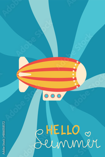 Summer sky vertical poster with aerostat in retro style. Perfect template for banner, card, label, sale. Hand drawn vector illustration.