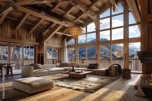 Bright and spacious living room in a modern mountain chalet with a spectacular view of the snow capped alps