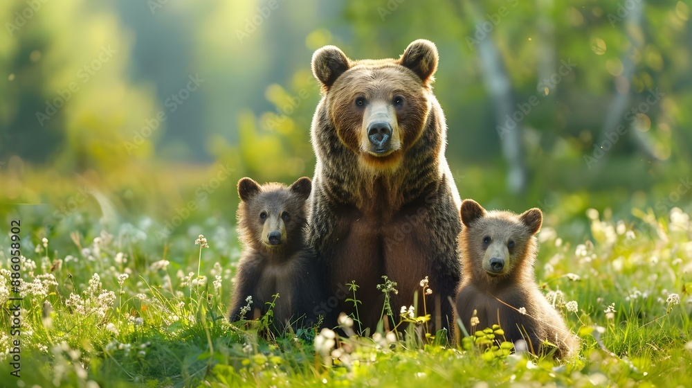 Obraz premium Brown bear (Ursus arctos) mother with two cubs on green