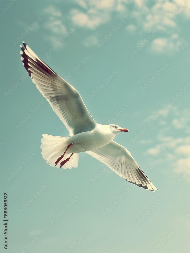 Obraz premium Soaring Seagull White Wings against Azure Sky