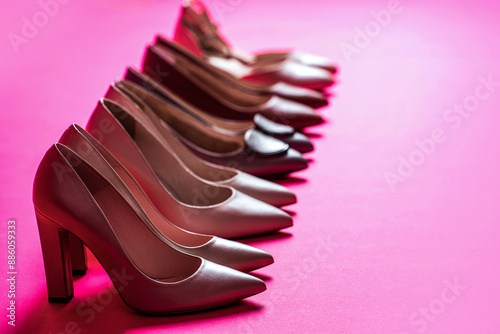 Shoe for women. Stylish classic women leather shoe. High heel women shoes on pink background. Fashionable women shoes photo