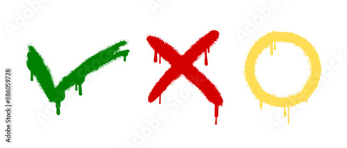 Spray Painted Graffiti cross and tick sign Sprayed isolated on white background.