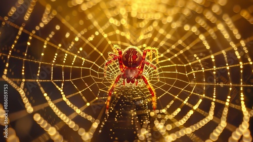 Spiders Web Glistens with Morning Dew in the Early Sunlight photo
