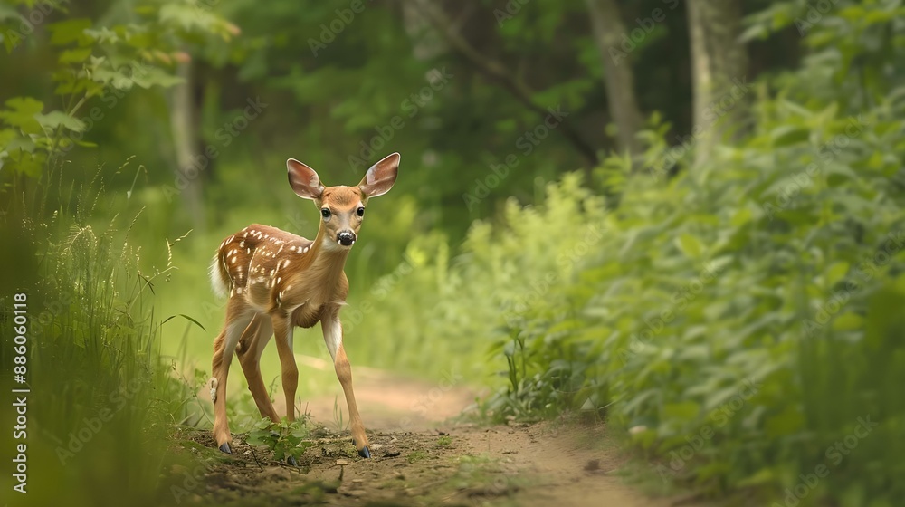 White-tailed deer fawn with hind on natural trail White-tailed deer fawn with hind on natural trail