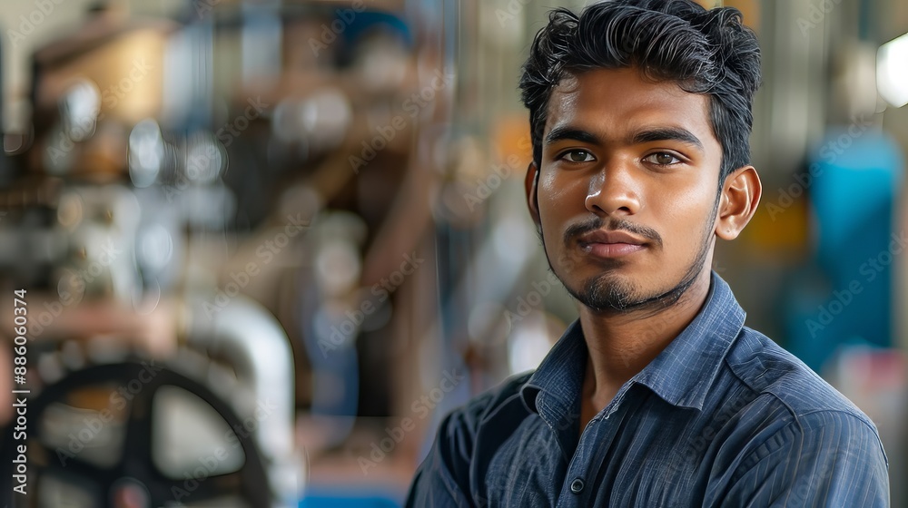 Fototapeta premium Portrait of a Confident Young Indian Man in a Factory