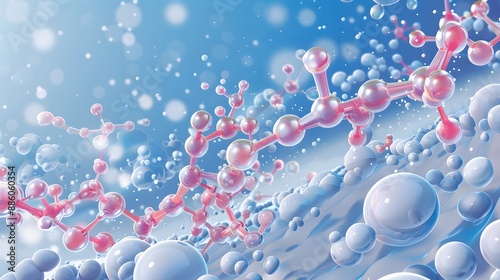 Illustration of propylene glycol molecules interacting with other compounds, dynamic visual, chemical interaction photo