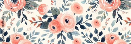 A pattern featuring a design of pink roses and blue leaves on a white background