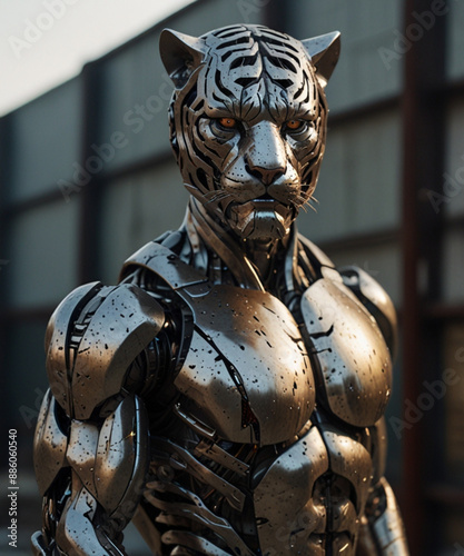 A bronze and gold lion statue, depicting a blend of ancient Asian art and religious symbolism, commonly found in temples and historical sites in Thailand and China photo