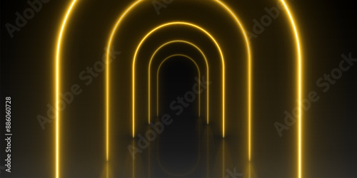 Black runway stage or corridor with neon yellow arch. Realistic 3d vector illustration of perspective hall or catwalk podium with golden light led arc. Abstract futuristic portal or night club walkway