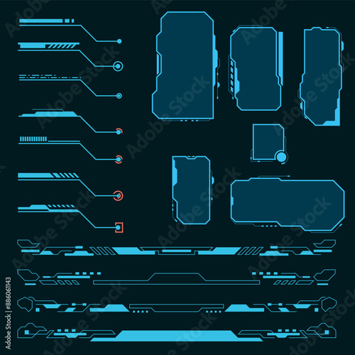 Science Frame HUD set. Futuristic Header Footer Set For Game UI Inforgraphic digital callout. frame title text hud template vector element.