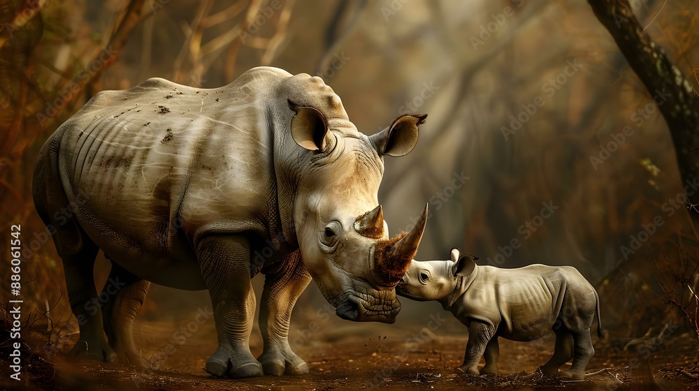 Fototapeta premium Mother and baby rhino getting ready to drink