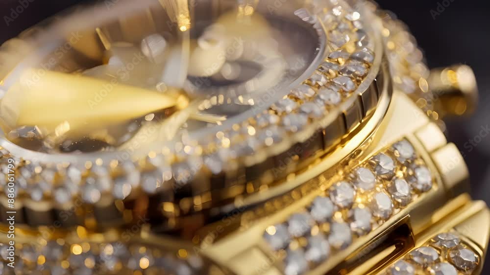 A detailed shot of a gold watch with a diamondencrusted bezel giving off a regal and elegant feel. A detailed shot of a gold watch with a diamondencrusted bezel giving off a regal and elegant feel.