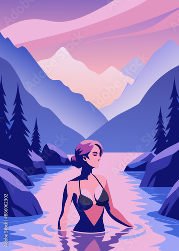 A woman in a bikini in a mountain river.Surprise in the mountain stream.Bright vector: swimming in the mountains.Refreshing swim: A woman in a black bikini in a mountain river.Vector illustration: the