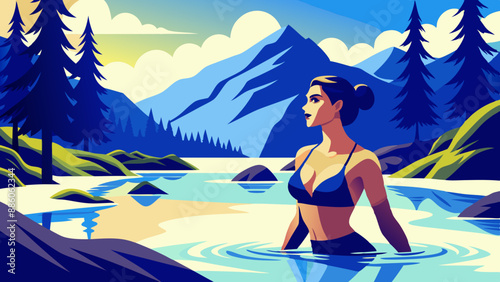 A woman in a bikini in a mountain river.Surprise in the mountain stream.Bright vector: swimming in the mountains.Refreshing swim: A woman in a black bikini in a mountain river.Vector illustration: the