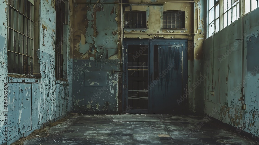 Obraz premium A dark and eerie room with blue-green walls and a large metal door. The room is in disrepair, with peeling paint and broken windows. The floor is covered in dust and debris.