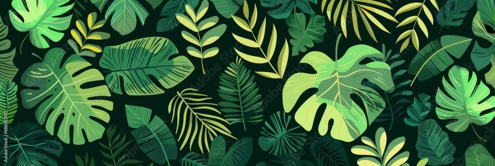 A close-up of a banner design featuring various green tropical leaves against a dark background A close-up of a banner design featuring various green tropical leaves against a dark background