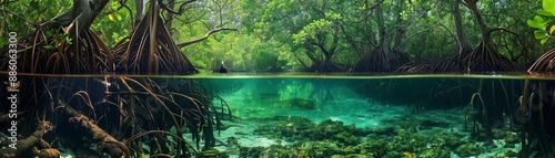 A lush mangrove forest with green trees and a blue river. The roots of the trees are visible above and below the water.