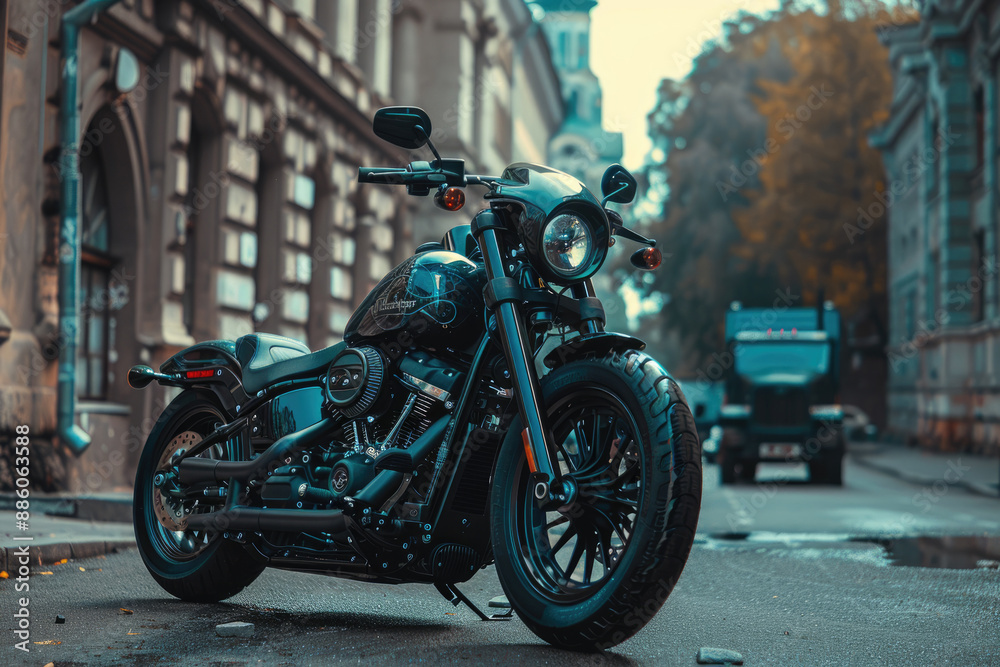An old-fashioned motorcycle parked on the street An old-fashioned motorcycle parked on the street