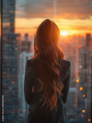Woman with long hair in business attire gazes out window at a cityscape during sunset, capturing the essence of urban life and contemplation.