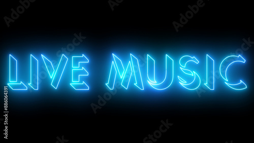 Live Music text animation. Easy to put into any video. Neon-colored text with a glowing moving outline on a dark background. Technology video material animation.