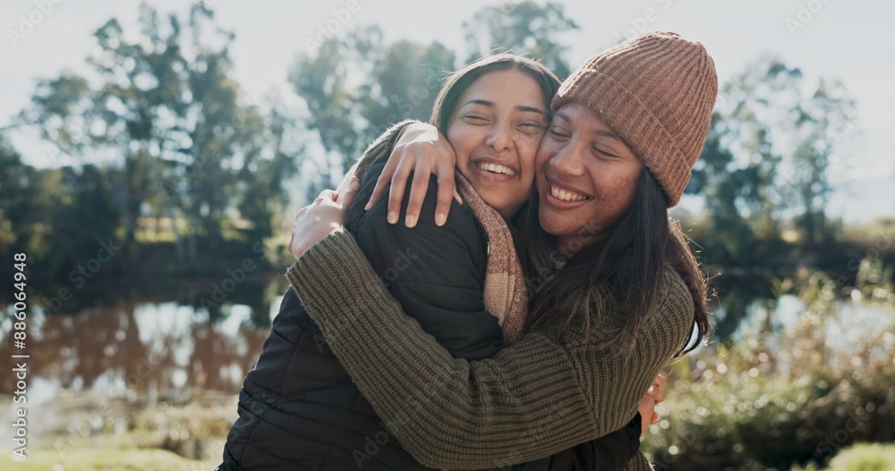 Fototapeta premium Happy, girl and friends in nature outdoor for camping, adventure weekend and trail hiking for bonding. Female people, embrace and together in wilderness for exploration, getaway and affection.