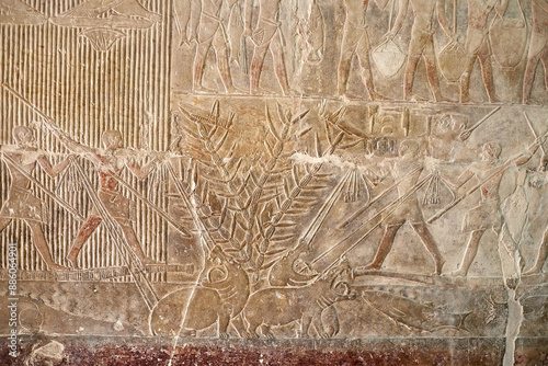 Mural from the mastaba of Mereruka with three men on a boat hunting hippopotami and fishing in the marshes, Saqqara