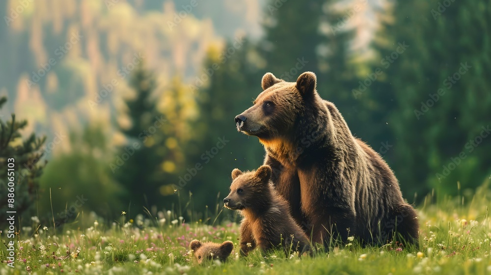 Fototapeta premium Brown bear (Ursus arctos) mother with two cubs on green