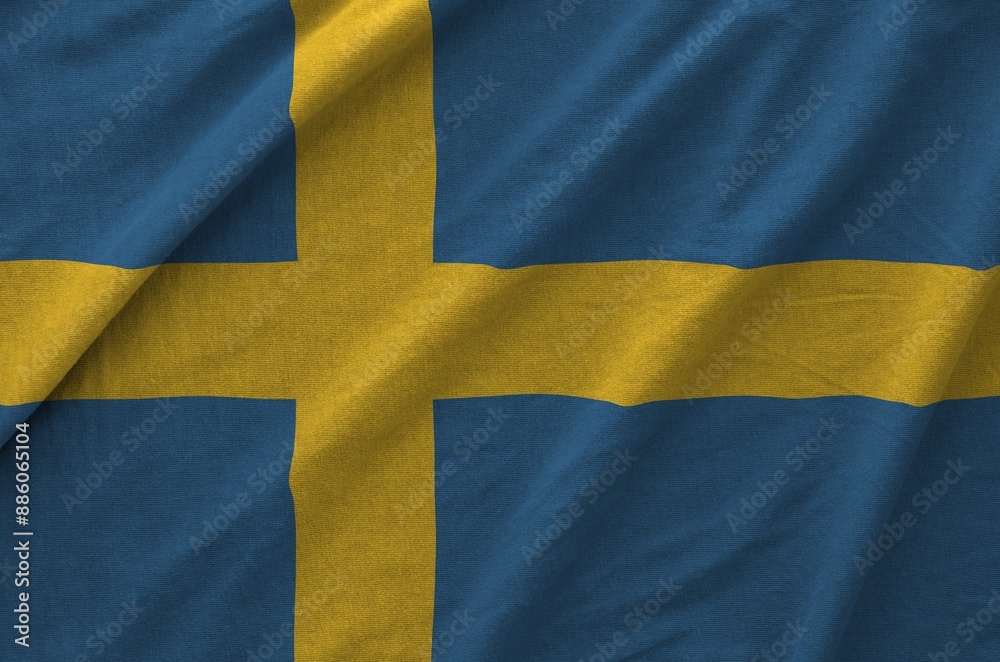 Sweden flag depicted on folded wavy fabric of old cloth close up Sweden flag depicted on folded wavy fabric of old cloth close up
