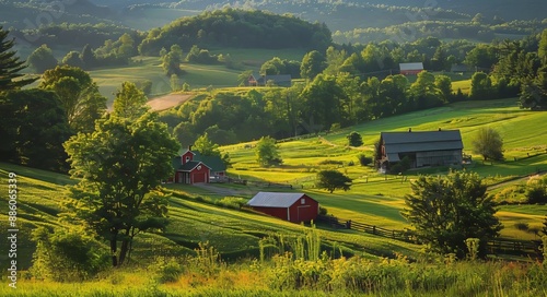 Picturesque Rural Landscape with Rustic Barns Amidst Verdant Hills photo