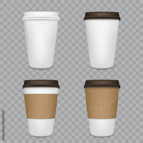 Four vector coffee cups, two with sleeves on transparent background .