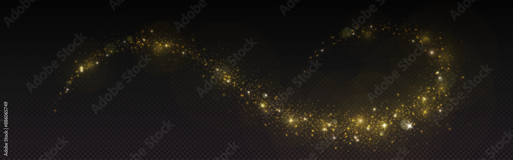 © klyaksun - Gold magic glitter dust light with star shine. Golden flare shine in black background. Luxury Christmas stardust powder explosion. Flying abstract yellow firefly spray trail and flash swirl line