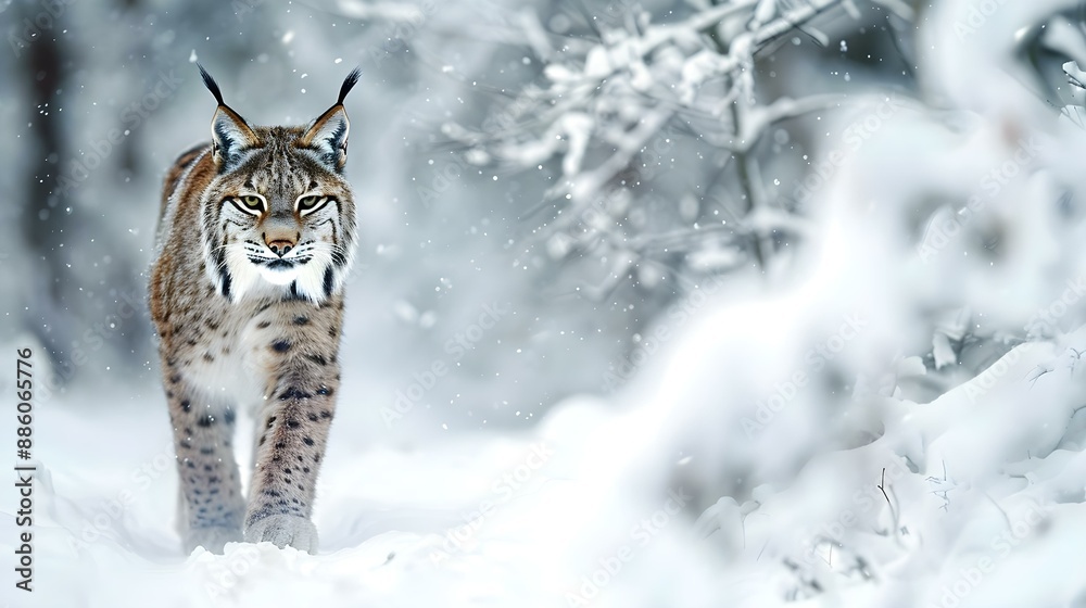 Fototapeta premium Lynx walking in the snow - Winter wildlife in Europe