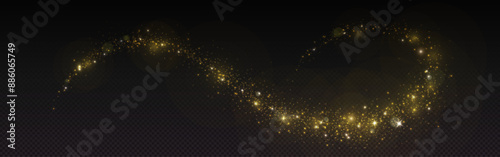 Gold magic glitter dust light with star shine. Golden flare shine in black background. Luxury Christmas stardust powder explosion. Flying abstract yellow firefly spray trail and flash swirl line