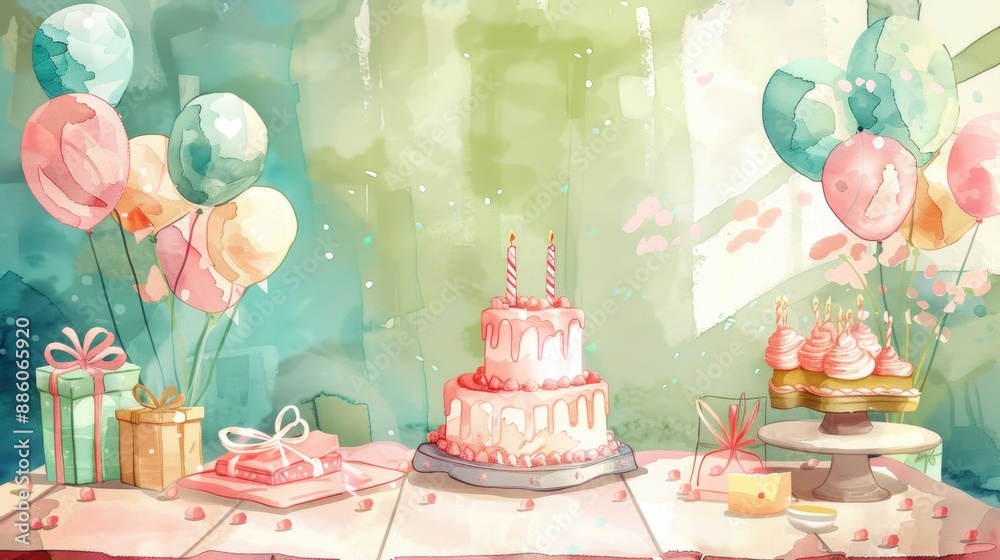 Birthday table, cake and presents, festive setting, watercolor style